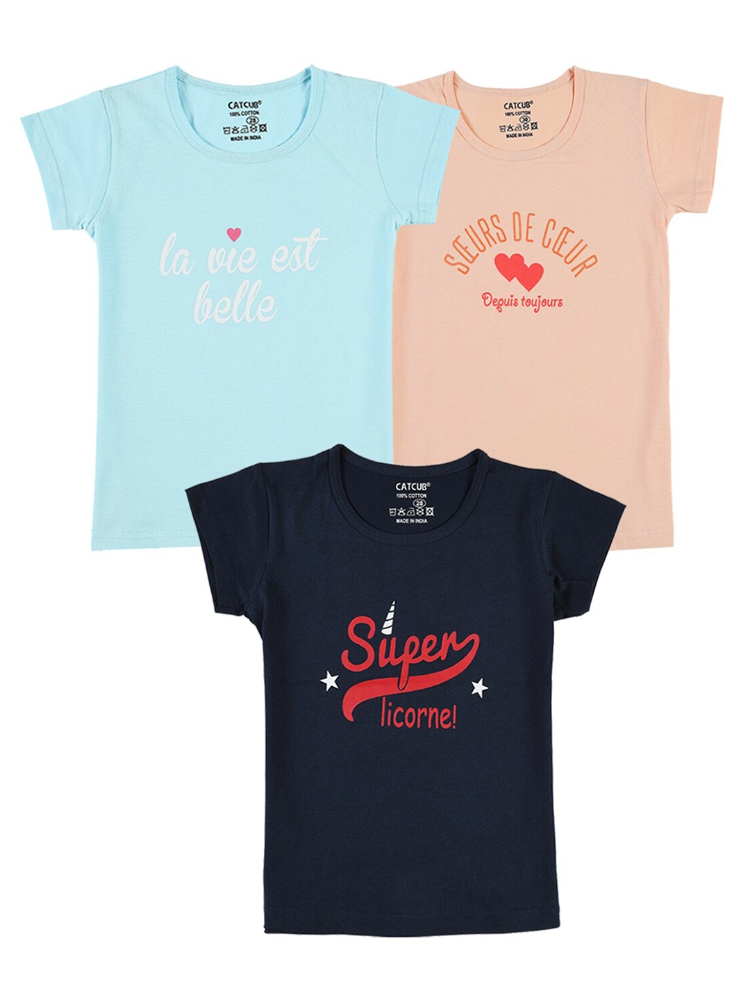 CATCUB Girls Pack of 3 Typography Printed T-shirt, Blue