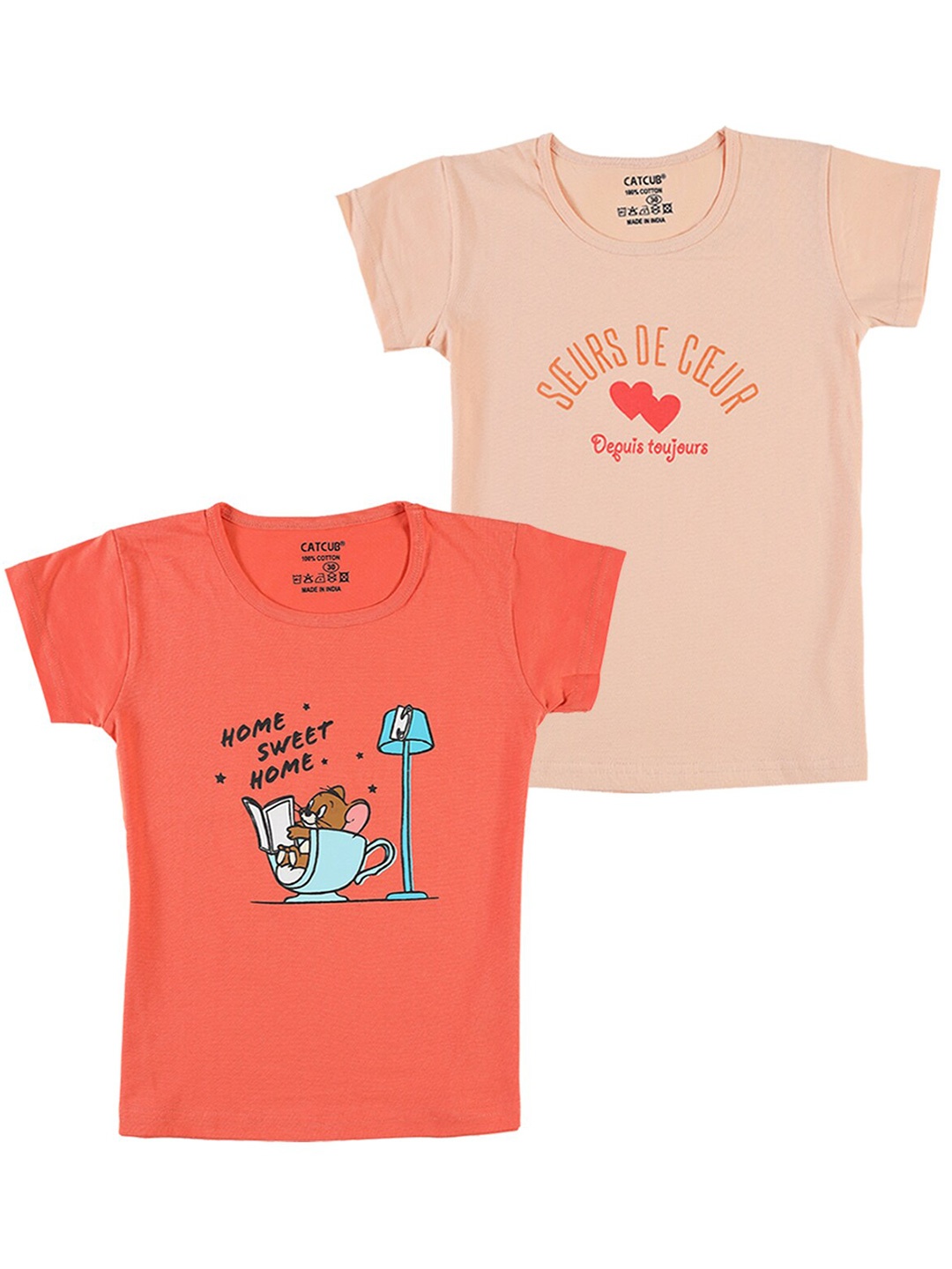 

CATCUB Girls Pack Of 2 Printed Pure Cotton T-shirts, Coral