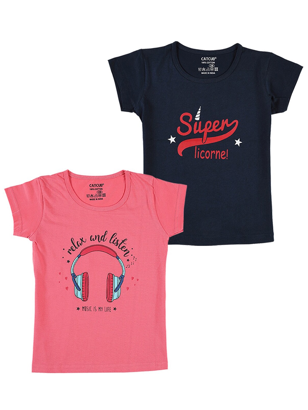 

CATCUB Girls Pack Of 2 Printed Pure Cotton T-shirts, Navy blue