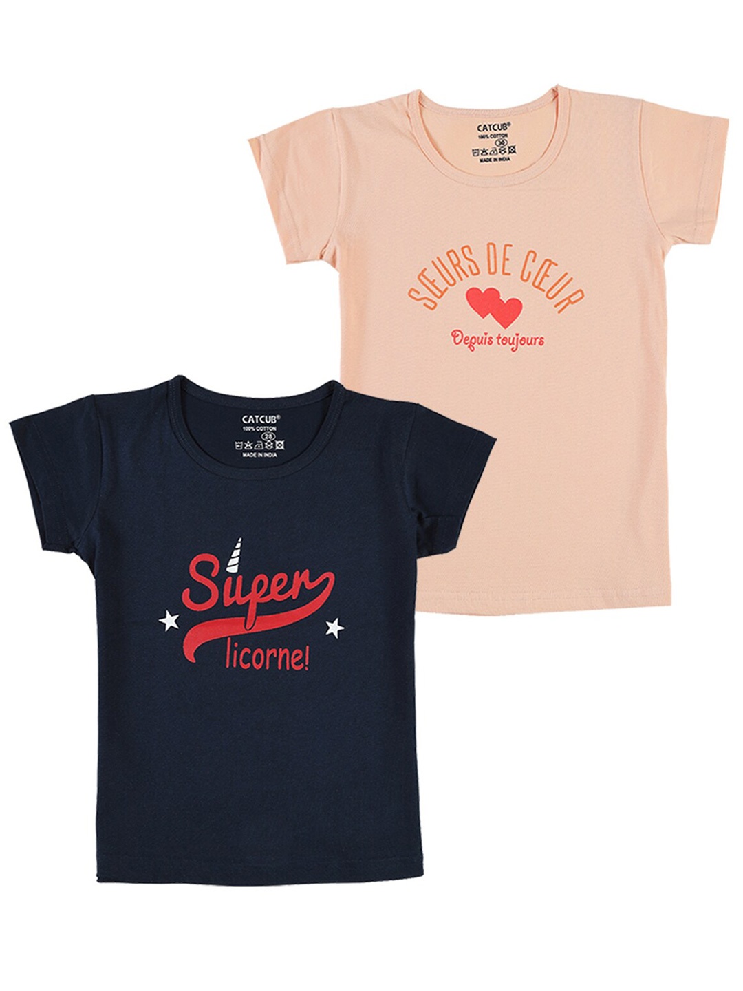 

CATCUB Girls Pack of 2 Typography Printed Cotton T-shirt, Cream