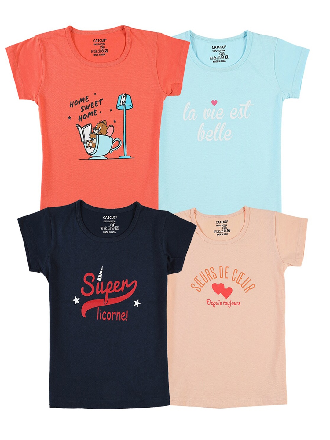CATCUB Girls Pack Of 4 Printed Pure Cotton T-shirts, Coral