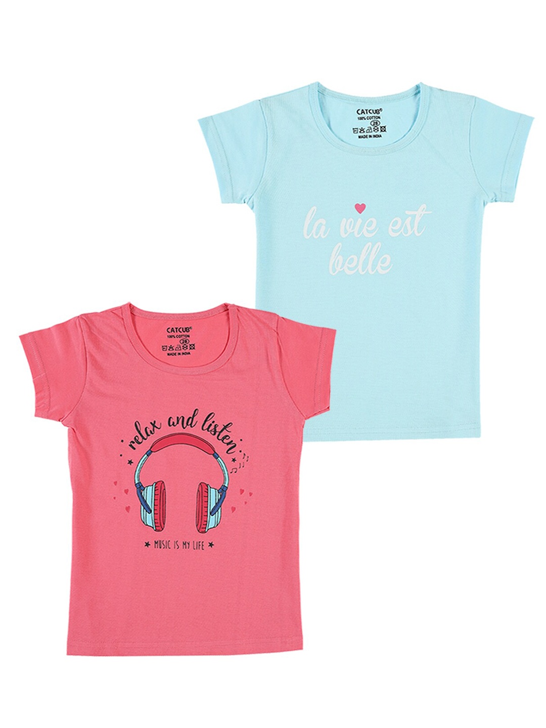 

CATCUB Girls Pack Of 2 Typography Printed Pure Cotton T-shirts, Pink