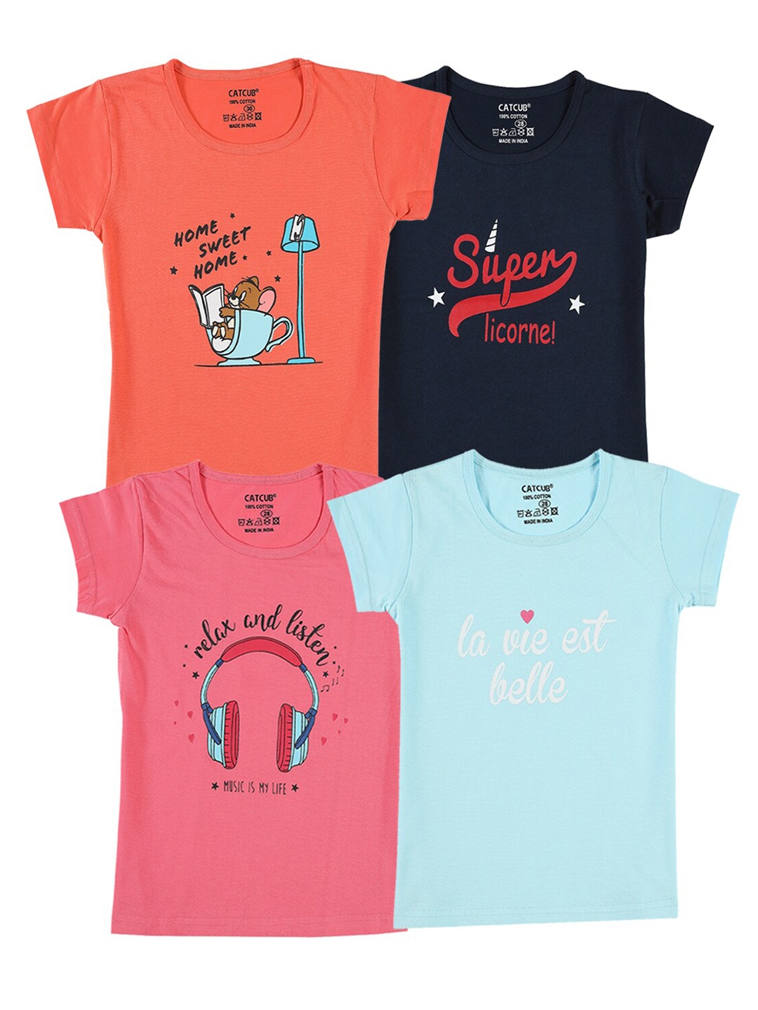 

CATCUB Girls Pack of 4 Typography Printed T-shirt, Orange