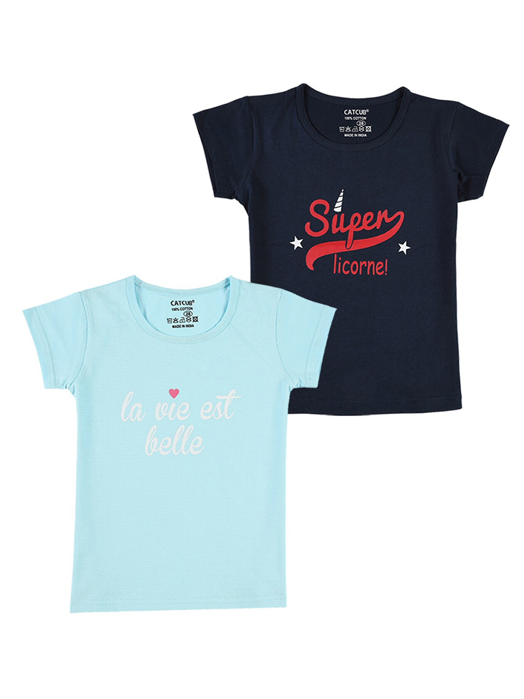 

CATCUB Girls Pack Of 2 Typography Printed Cotton T-Shirt, Blue
