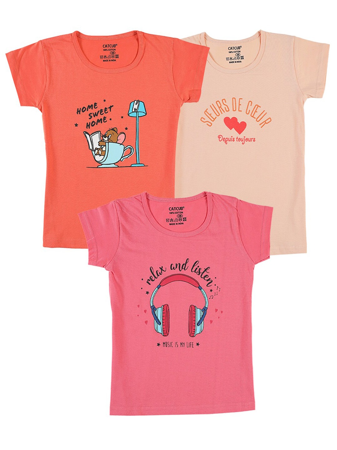 

CATCUB Girls Pack of 3 Graphic Printed Cotton T-shirt, Pink