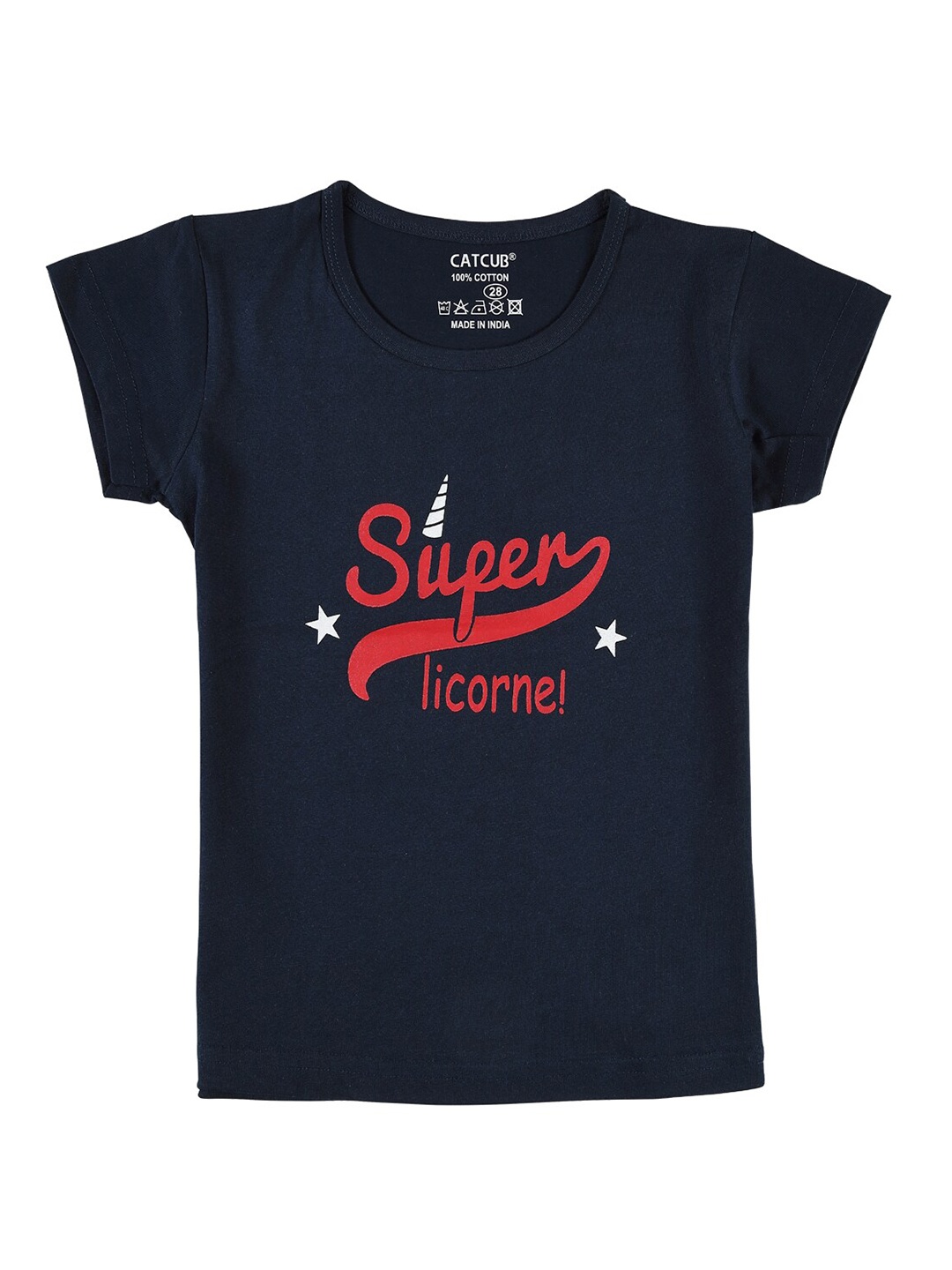 

CATCUB Girls Typography Printed Cotton T-shirt, Navy blue