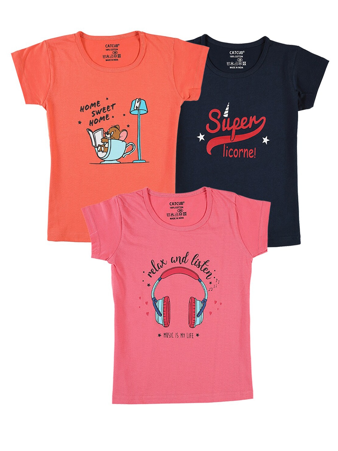 

CATCUB Girls Pack of 3 Typography Printed T-shirt, Peach