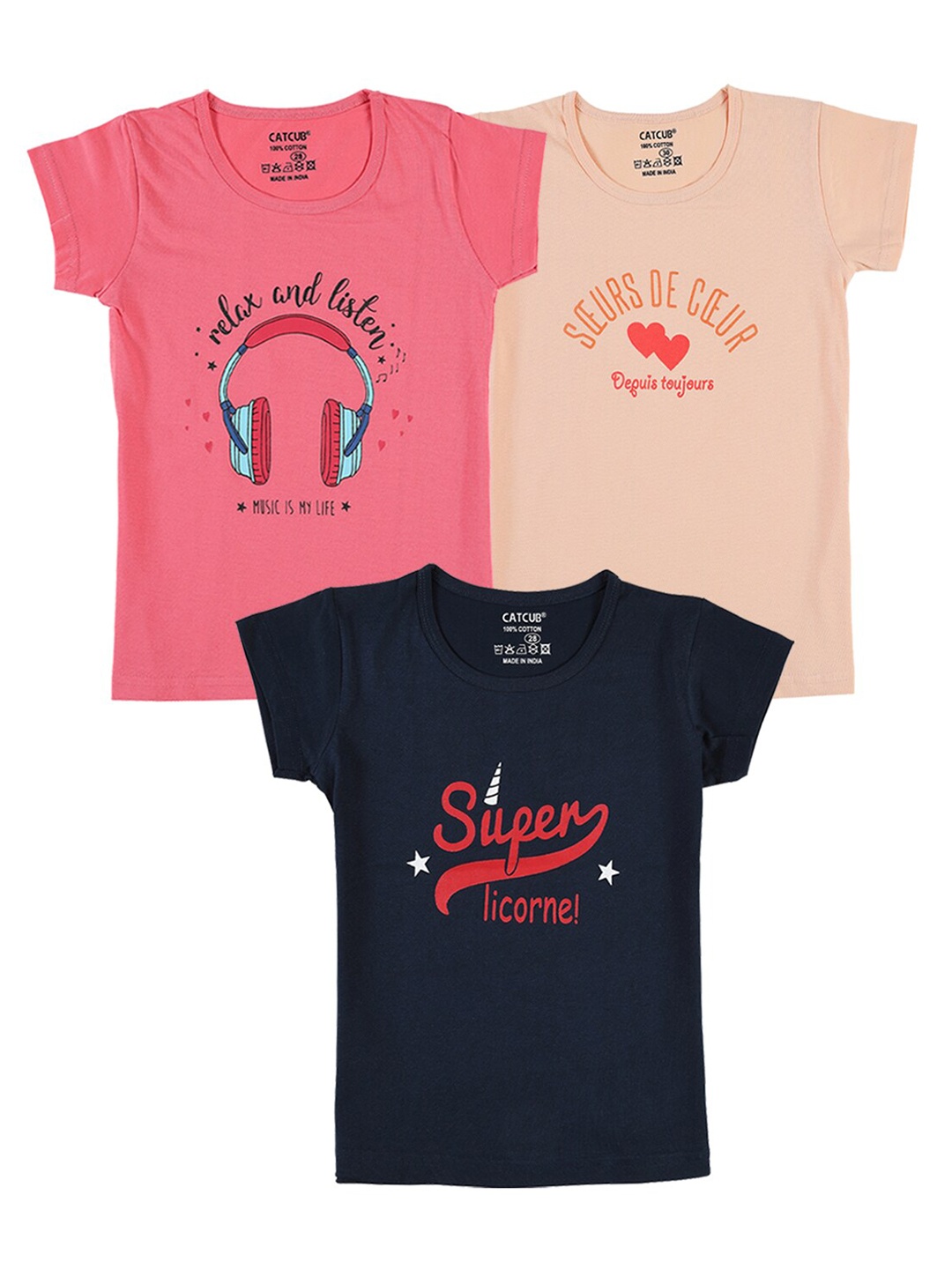 

CATCUB Girls Pack Of 3 Printed Pure Cotton T-shirts, Pink