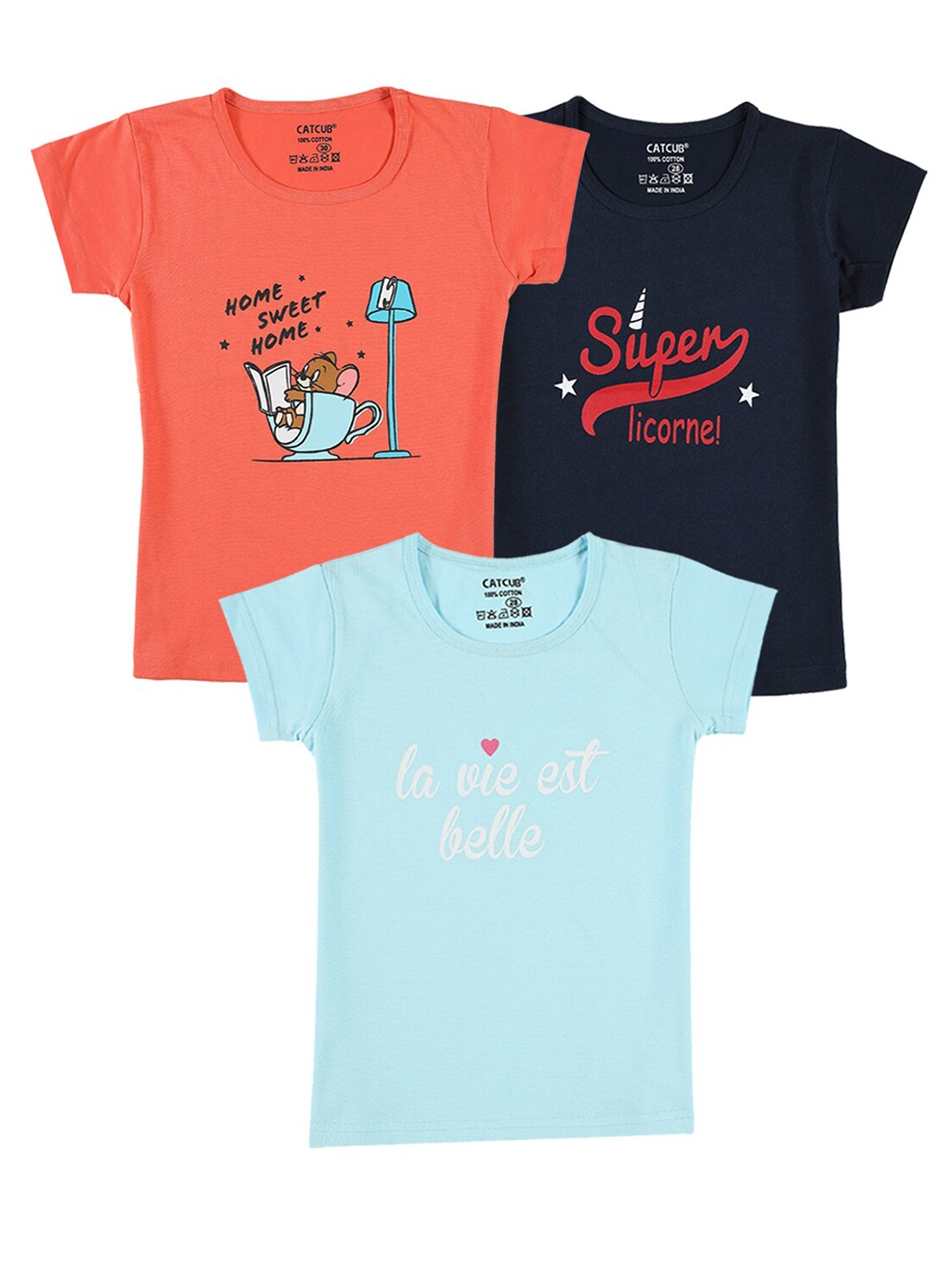 

CATCUB Girls Pack Of 3 Typography Printed Pure Cotton T-shirts, Coral