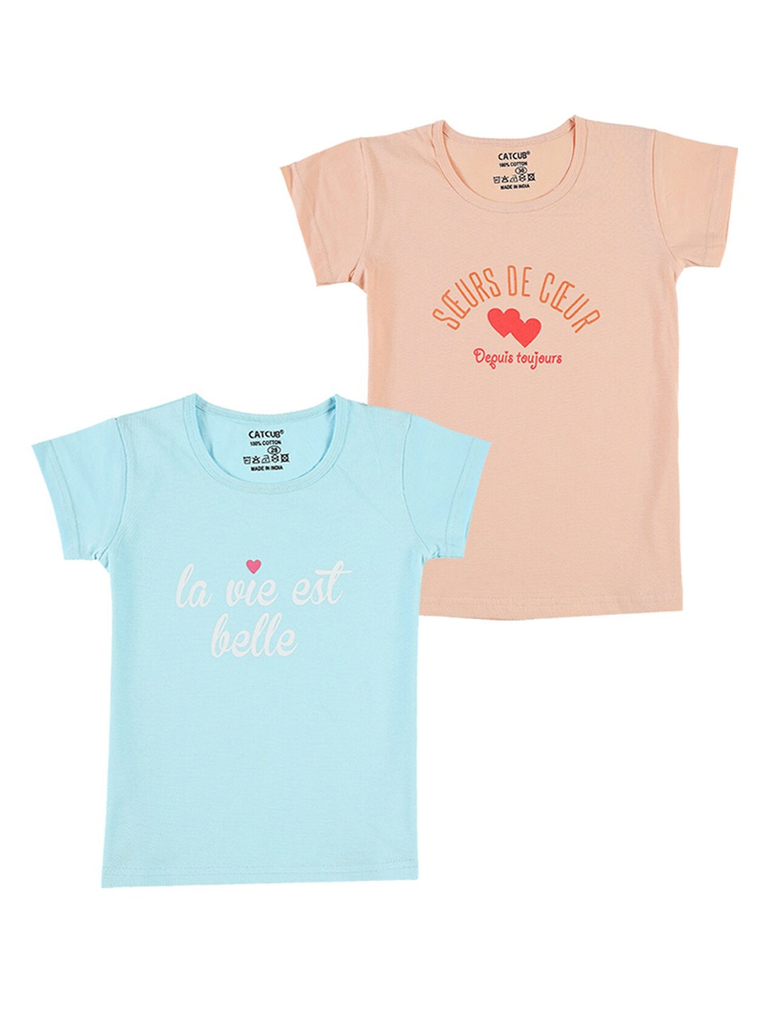 

CATCUB Girls Pack Of 2 Printed Pure Cotton T-shirts, Blue