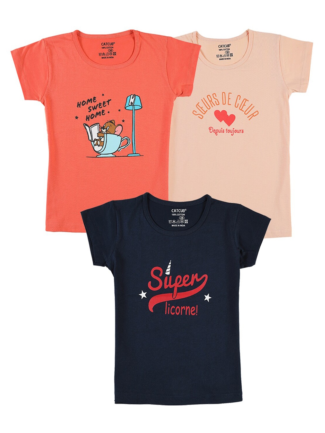

CATCUB Girls Pack of 3 Typography Printed T-shirt, Orange