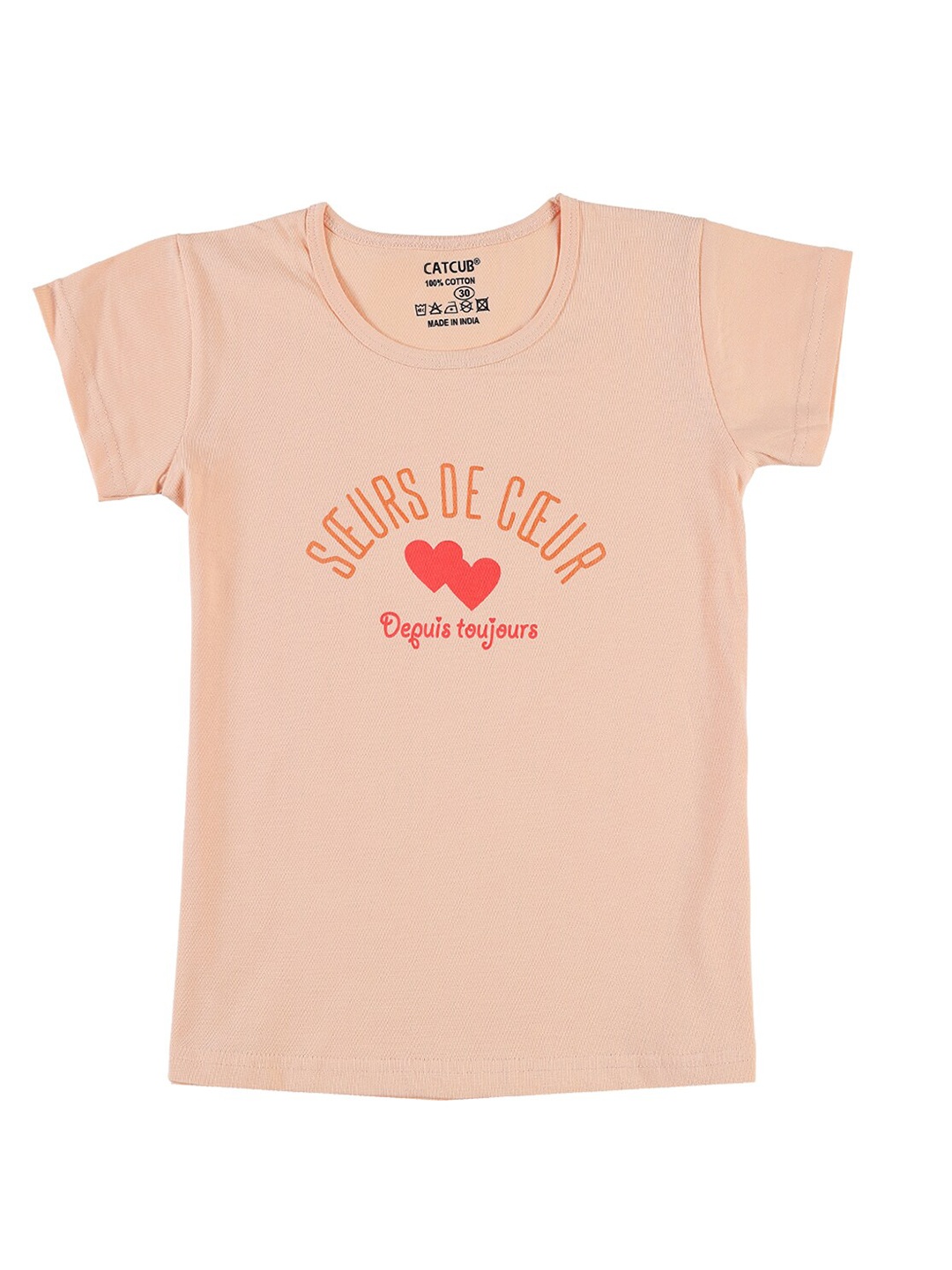 CATCUB Girls Typography Printed Pure Cotton T-shirt, Peach