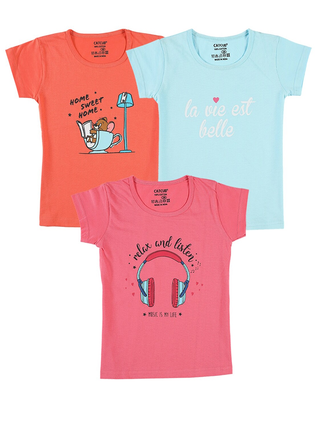 

CATCUB Girls Pack Of 3 Printed Pure Cotton T-shirts, Orange