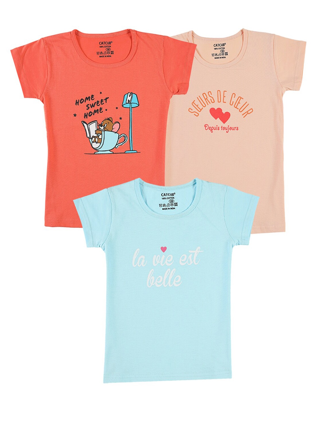 

CATCUB Girls Pack Of 3 Typography Printed Pure Cotton T-shirts, Coral