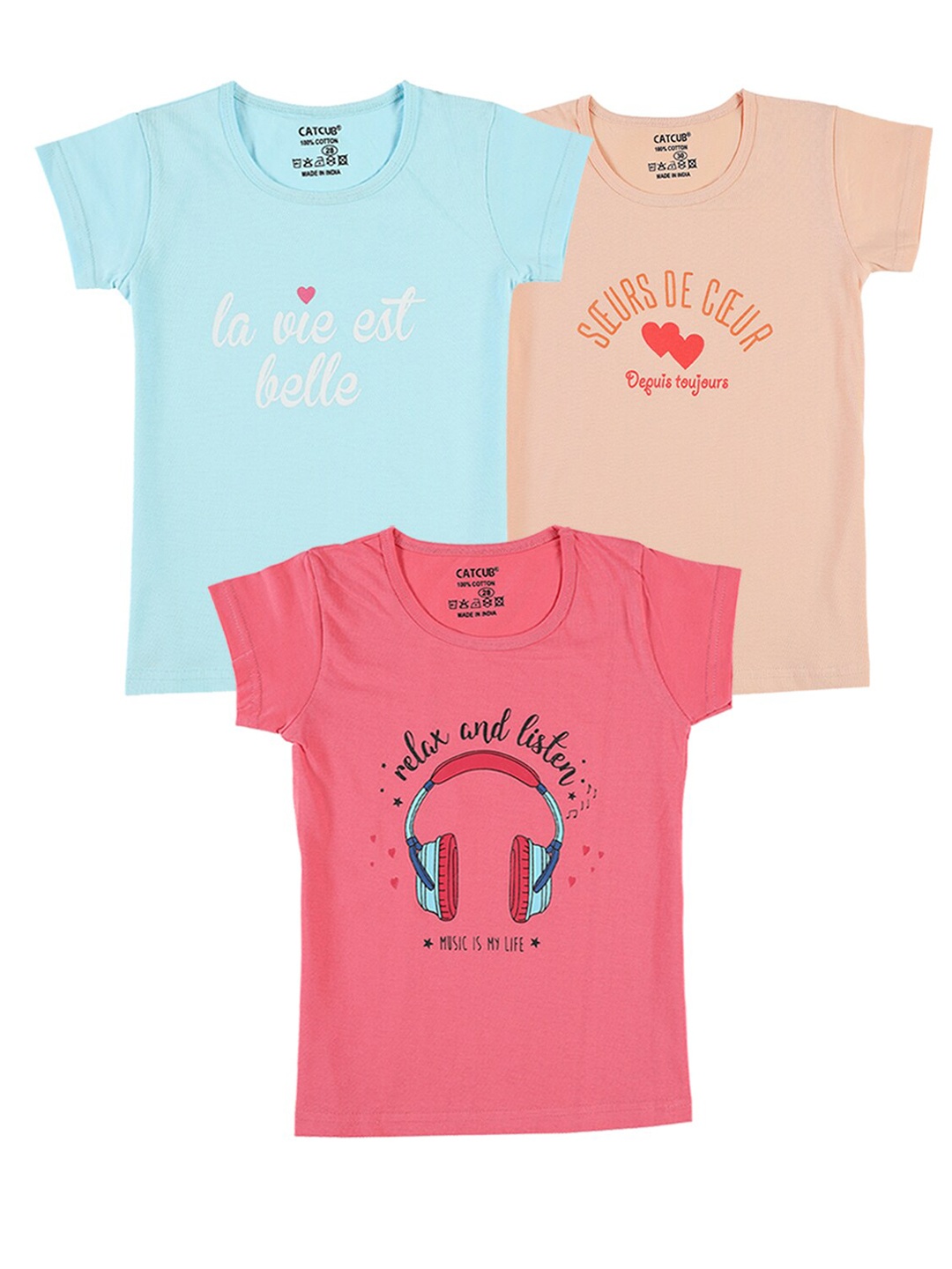 

CATCUB Girls Pack Of 3 Printed Cotton T-Shirt, Blue