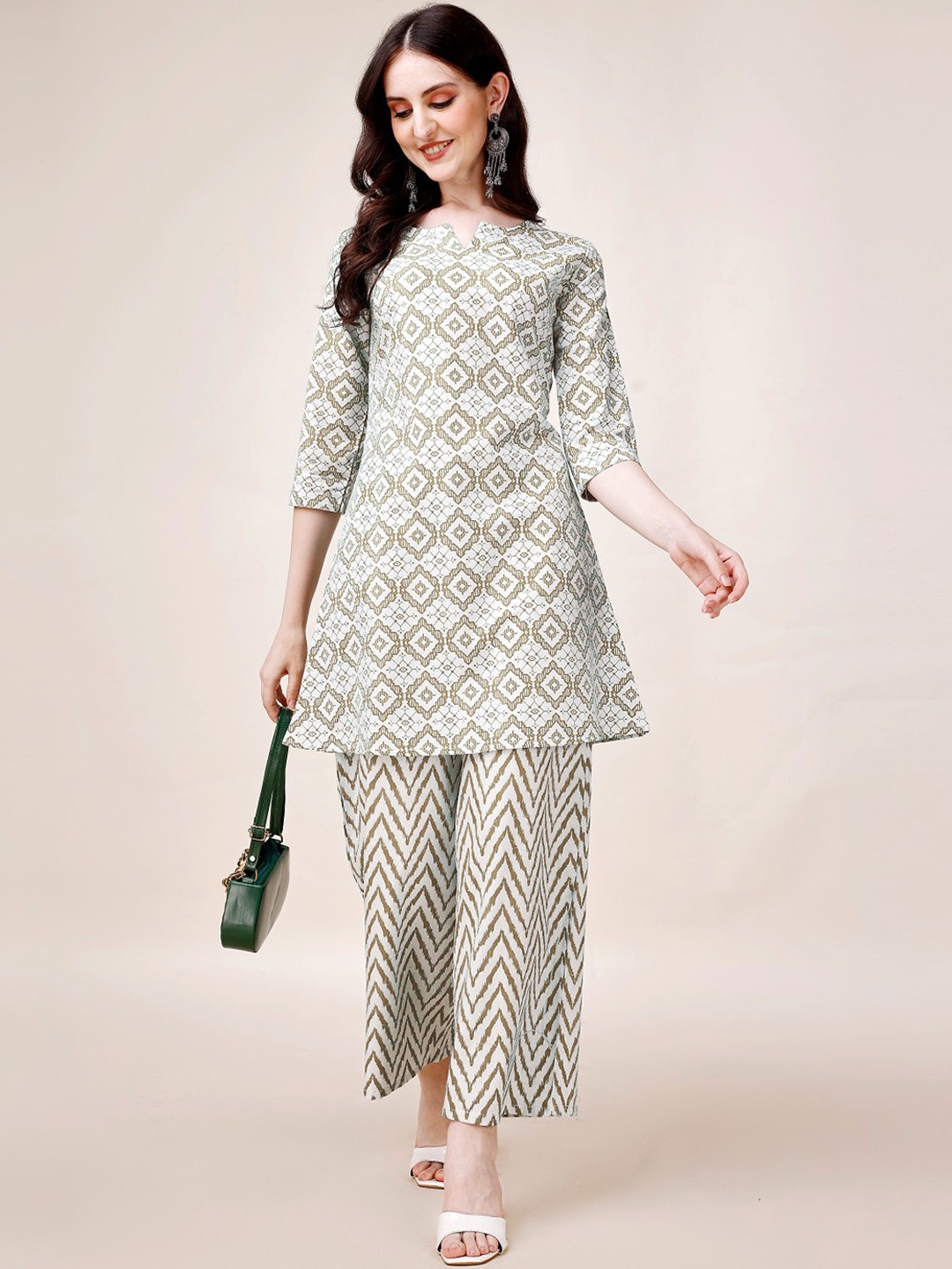 

Anouk Ethnic Motifs Printed Round Neck Indie Prints Pure Cotton A-Line Kurta With Palazzos, Beige