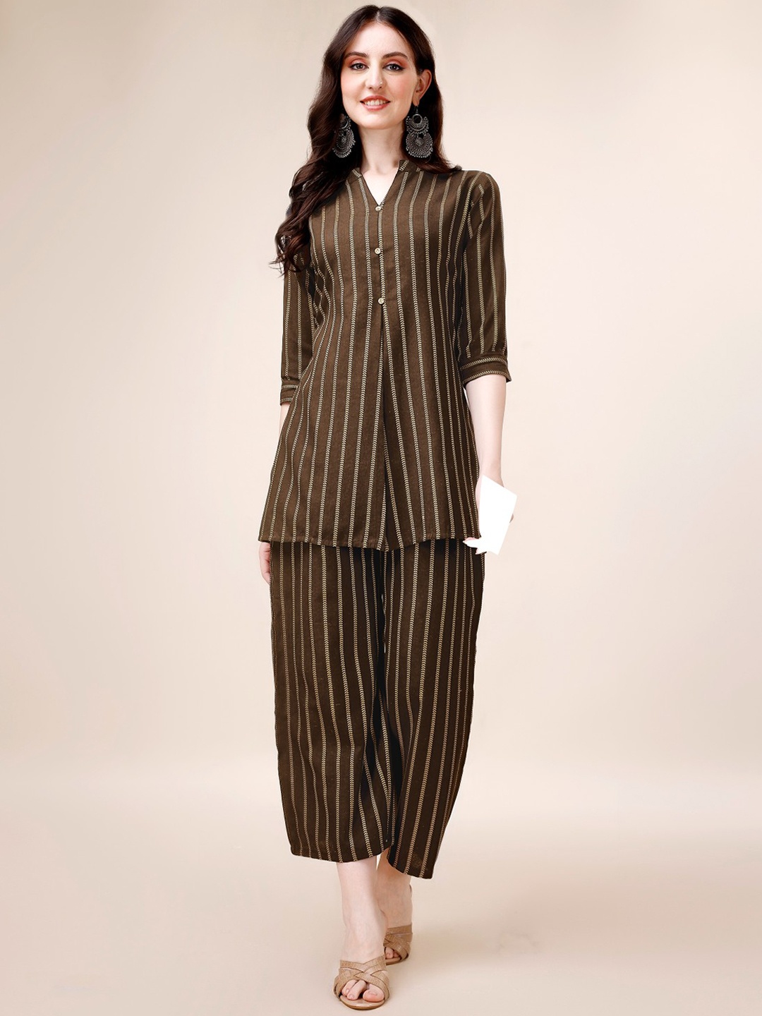 

Anouk Striped Pure Cotton Kurta With Palazzo, Coffee brown