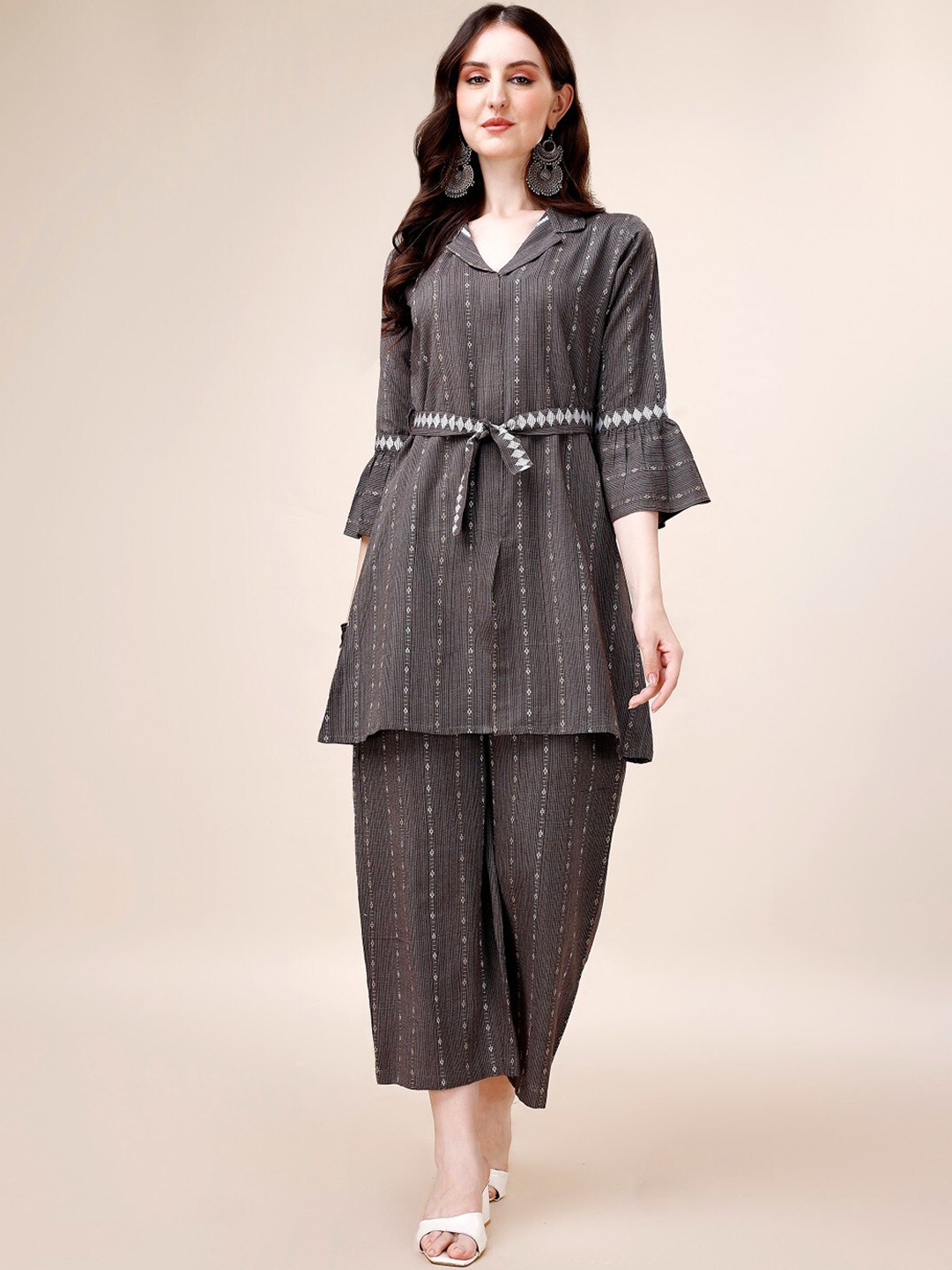 

Anouk Self-Design Pure Cotton Tunic With Belt & Palazzos, Black