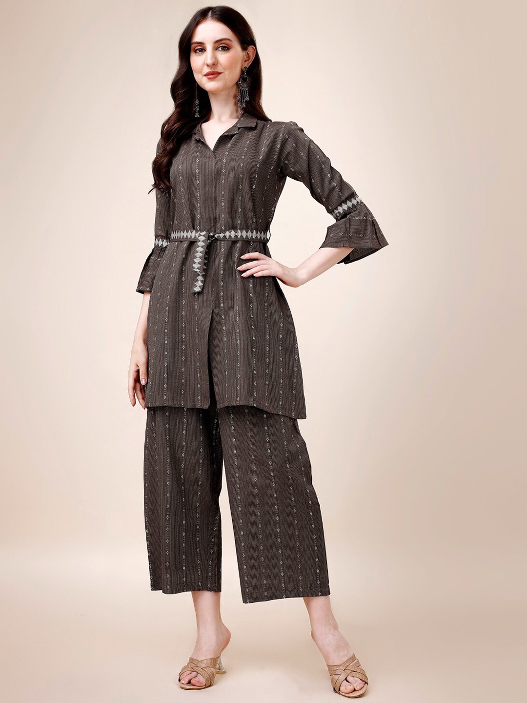 

Anouk Self-Design Pure Cotton Tunic With Belt & Palazzos, Brown