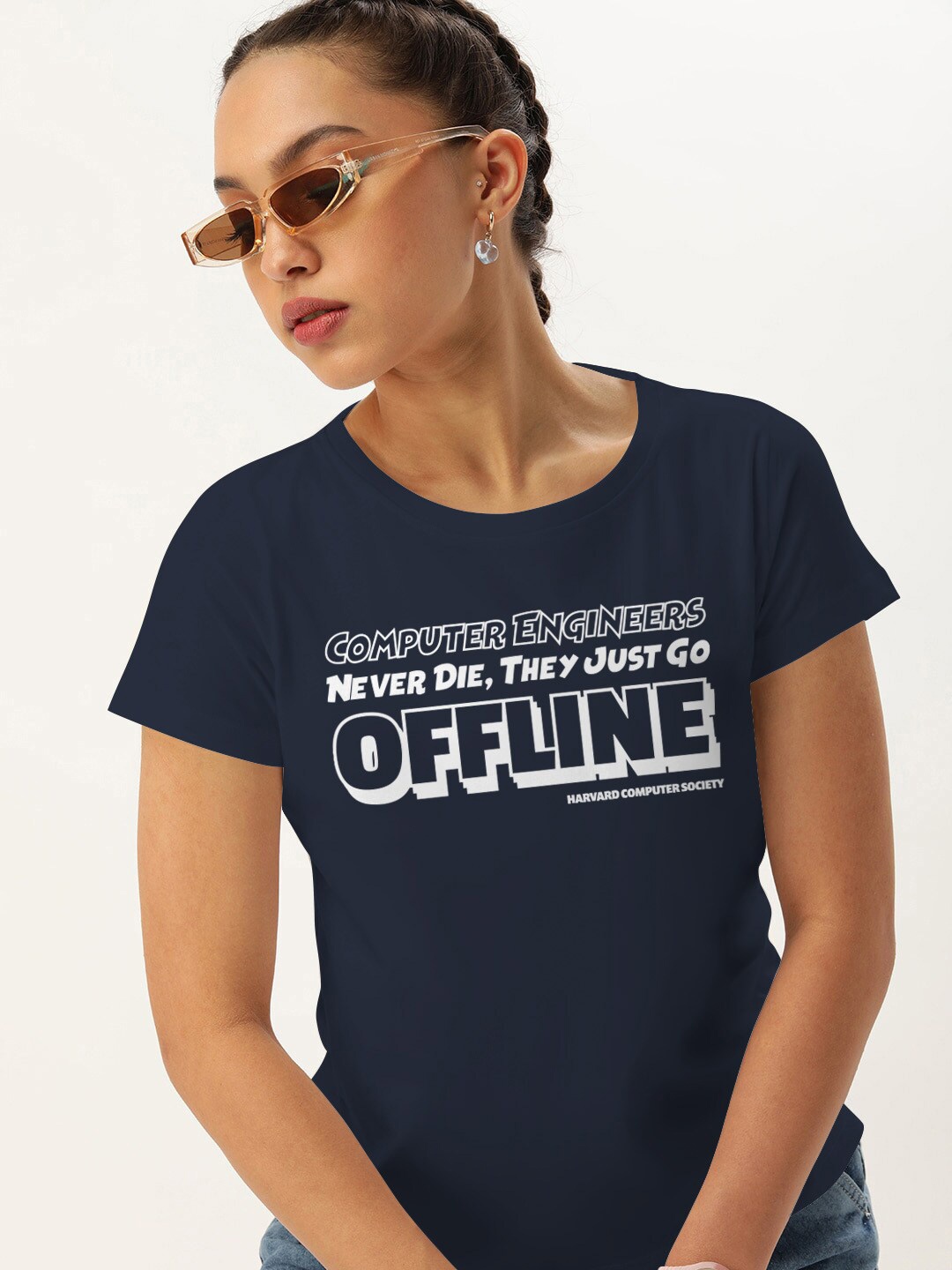 

Harvard Women Navy Blue Typography Printed Extended Sleeves Pockets T-shirt