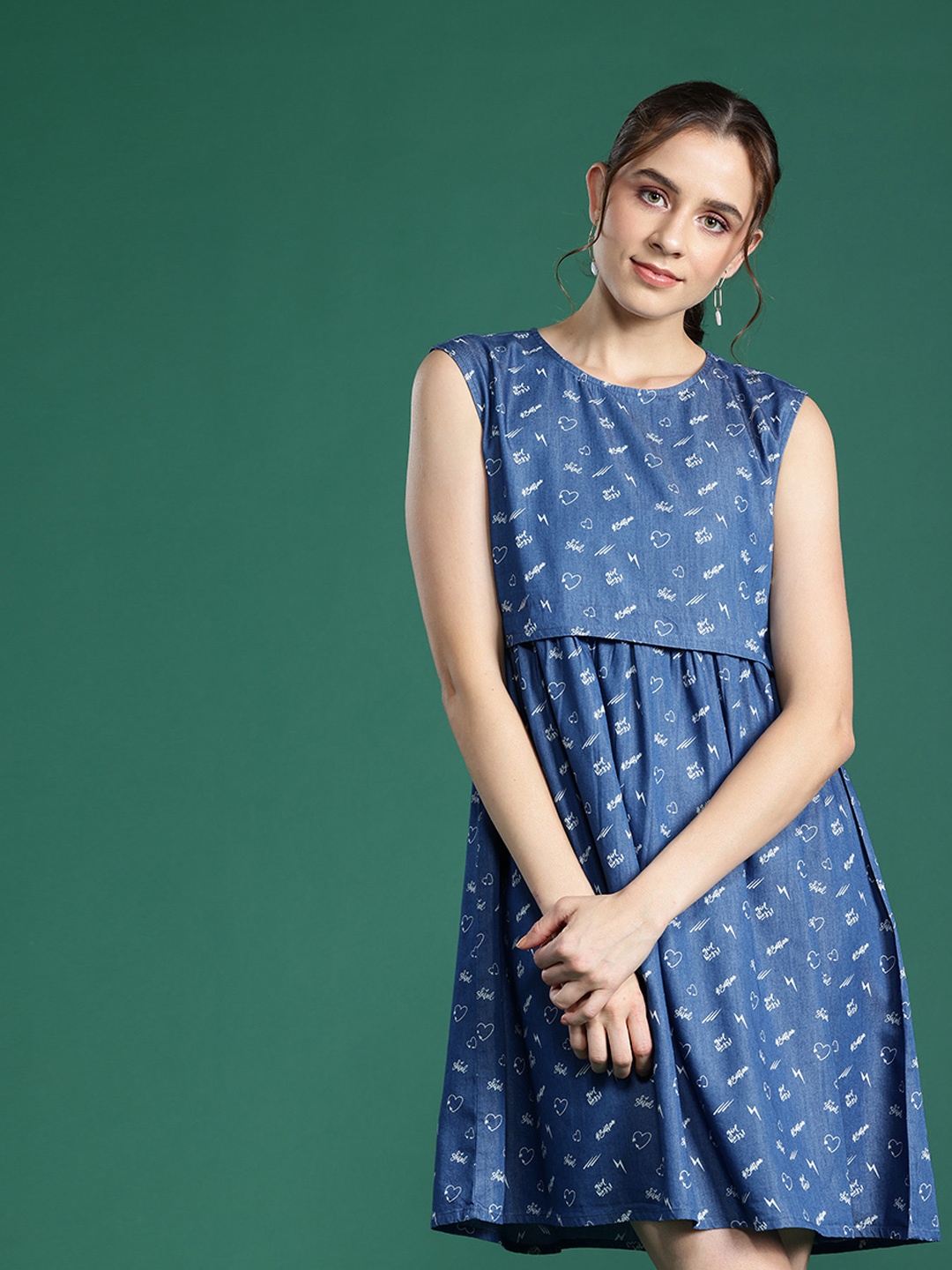 

DressBerry Conversational Print Denim A-Line Dress, Blue