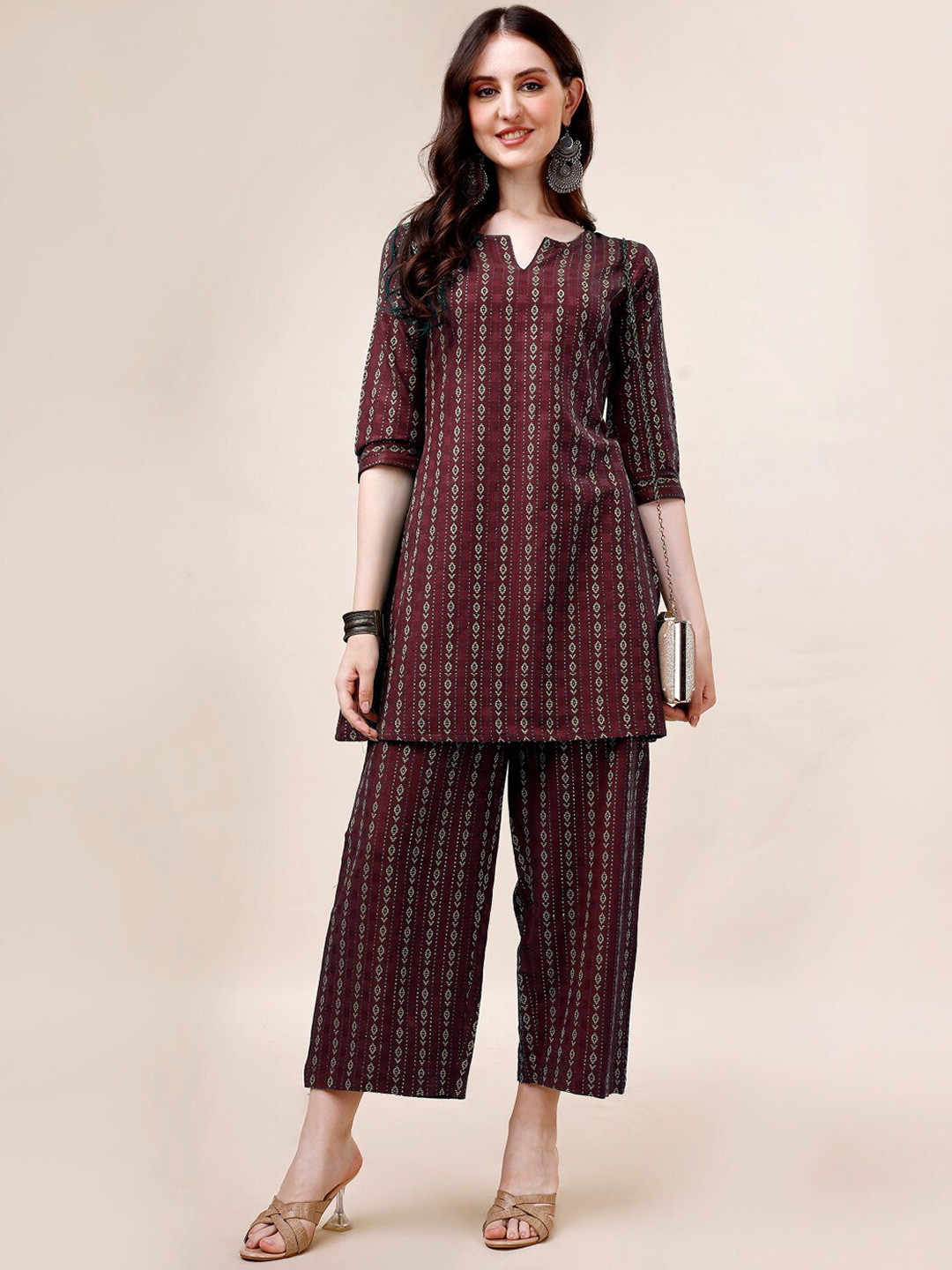 

Anouk Ethnic Motifs Woven Design Pure Cotton Indie Prints Straight Kurta With Palazzos, Maroon