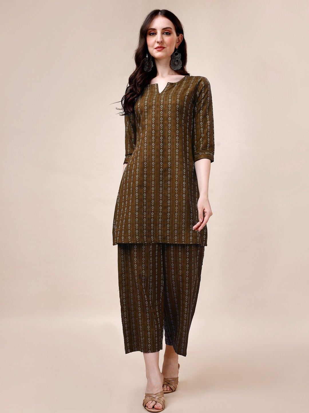 

Anouk Ethnic Motifs Printed Pure Cotton Kurta With Palazzo, Olive