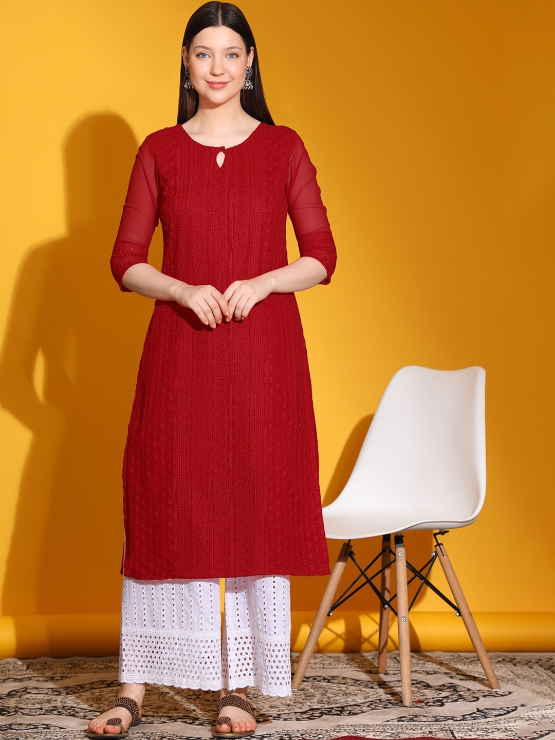 

BLACK SCISSOR Ethnic Motifs Embroidered Keyhole Neck Chikankari Straight Georgette Kurta, Red