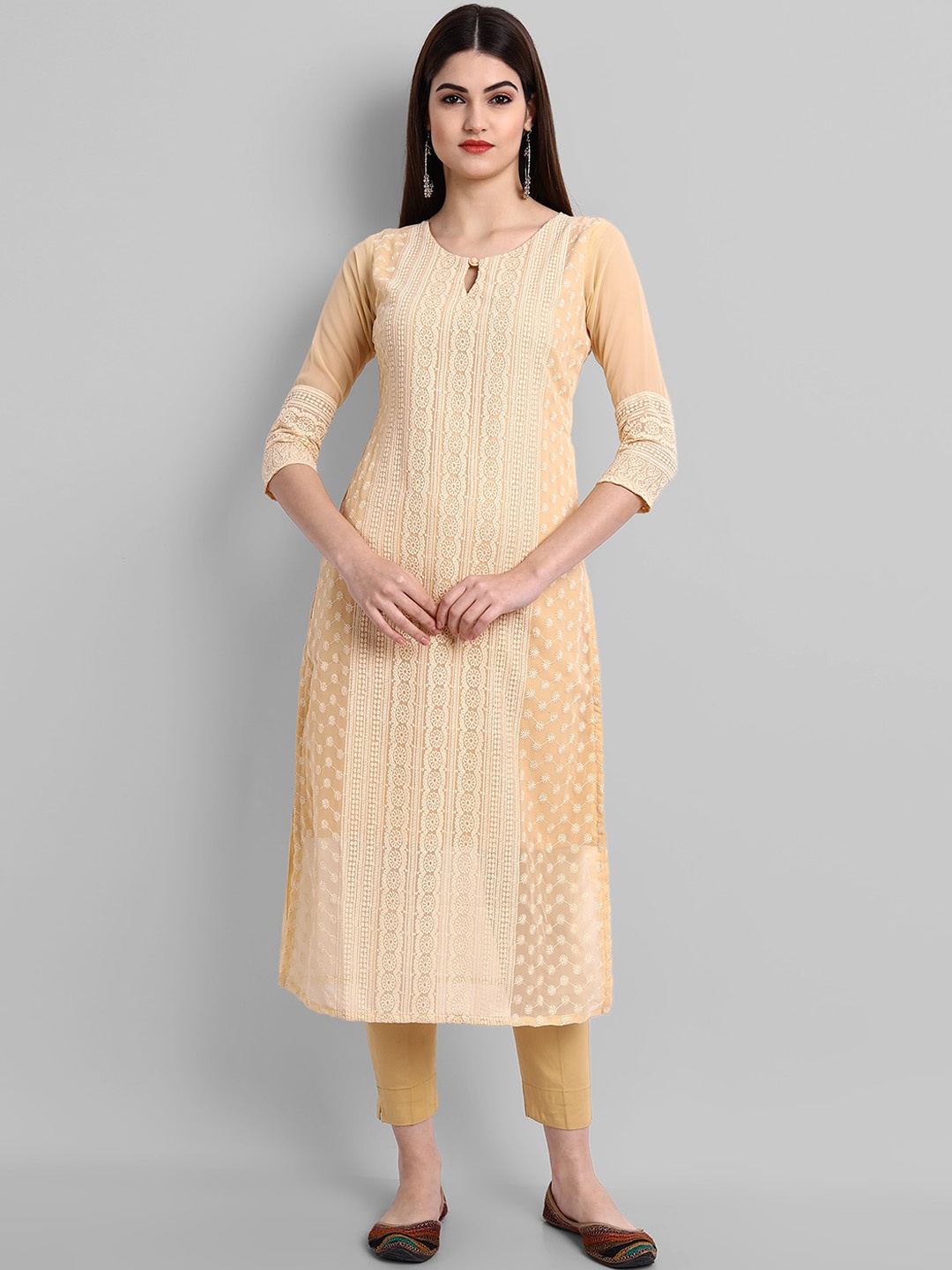 

BLACK SCISSOR Ethnic Motifs Embroidered Thread Work Georgette Straight Kurta, Yellow