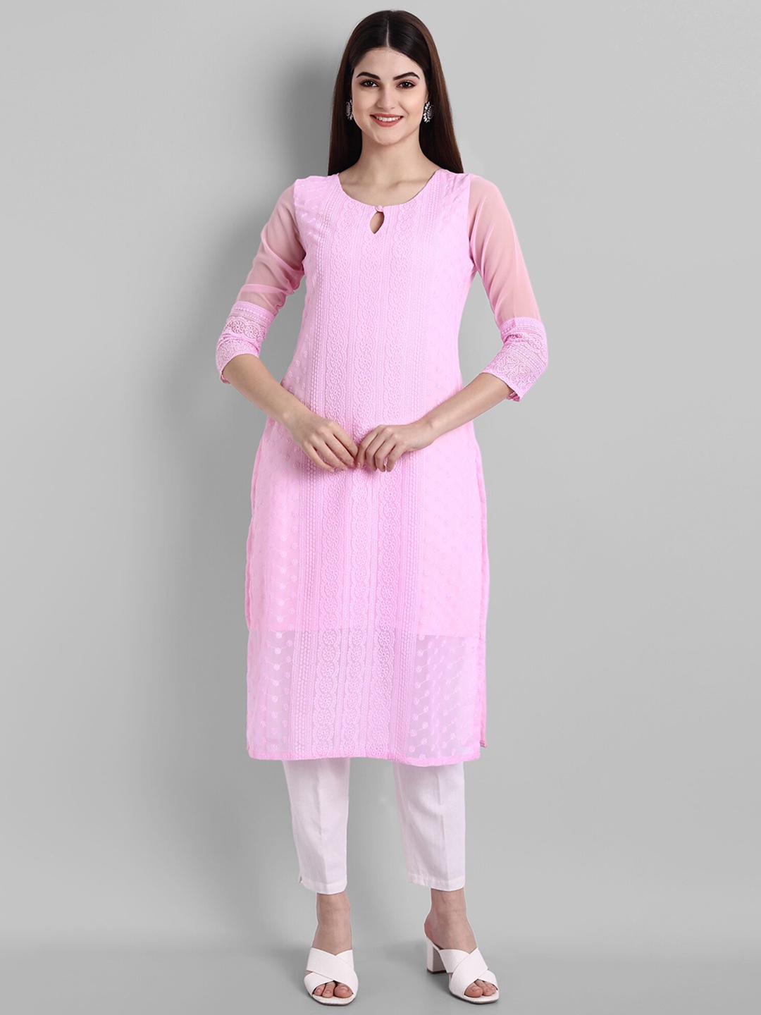 

BLACK SCISSOR Chikankari Embroidered Keyhole Neck Straight Kurta, Pink