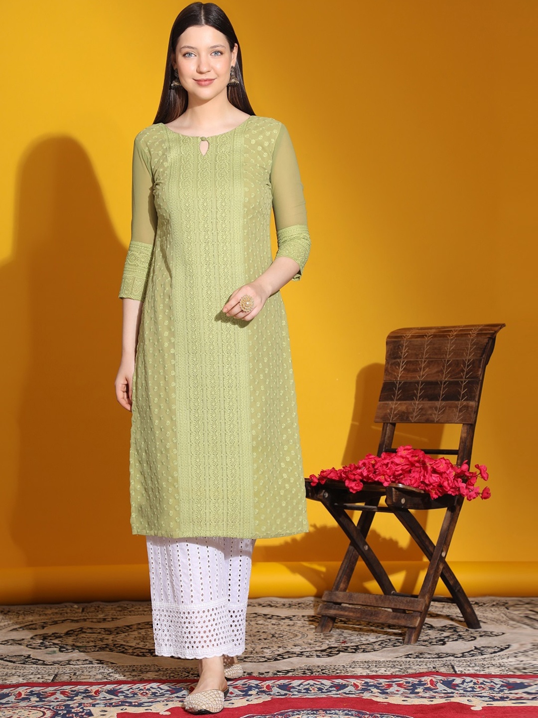 

BLACK SCISSOR Ethnic Motifs Embroidered Keyhole Neck Chikankari Straight Georgette Kurta, Green