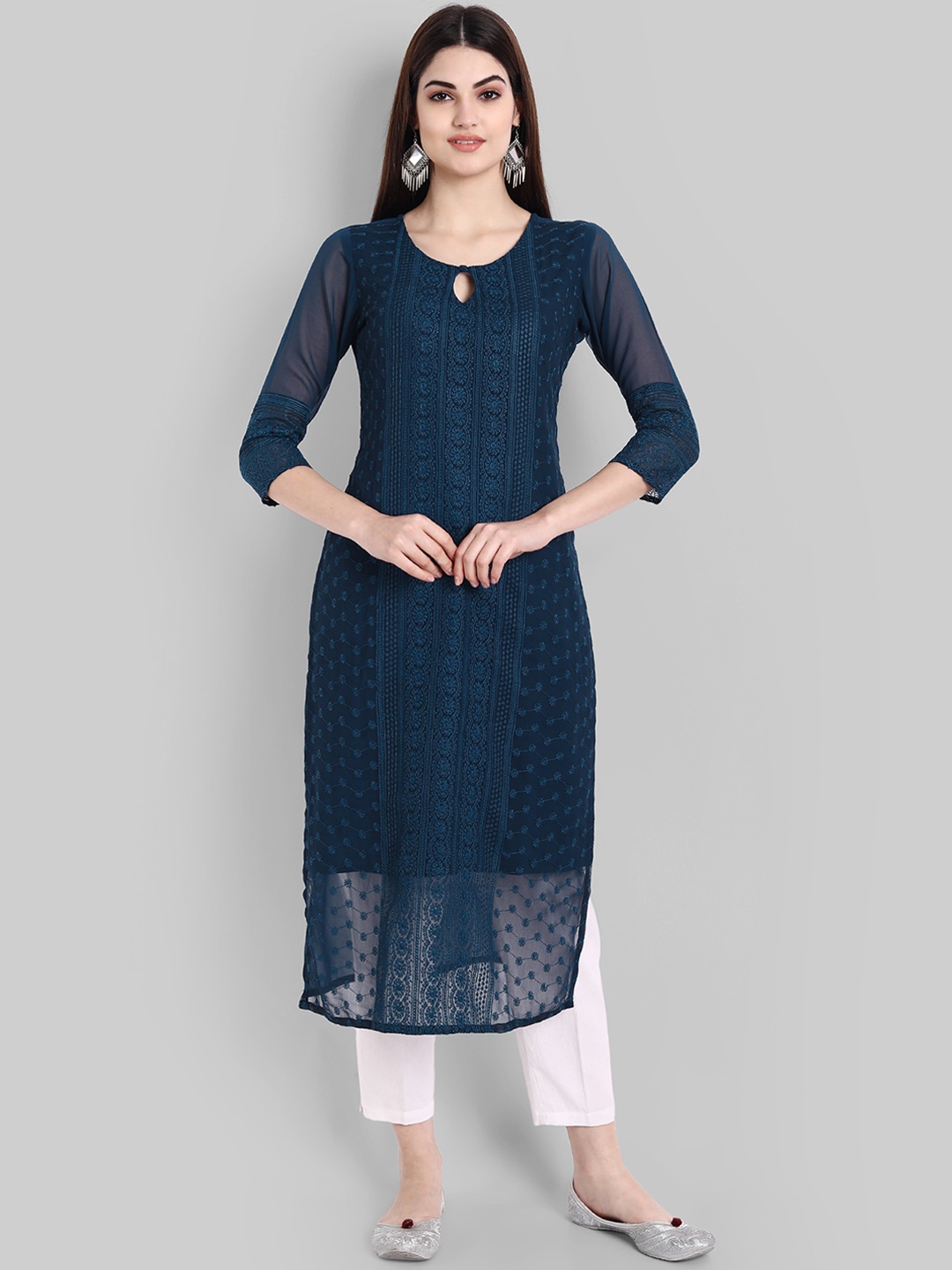 

BLACK SCISSOR Ethnic Motifs Embroidered Thread Work Georgette Straight Kurta, Teal