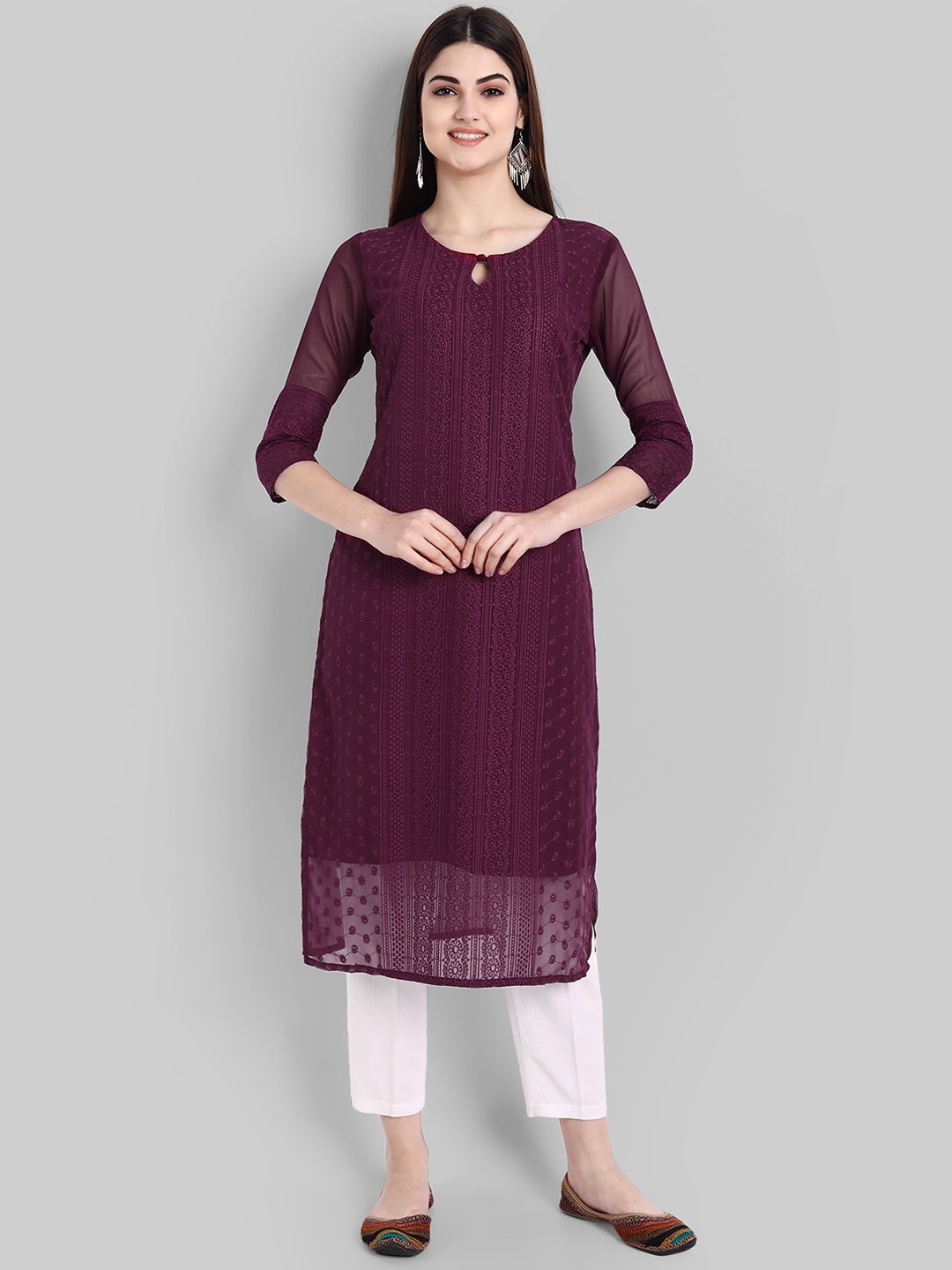

BLACK SCISSOR Chikankari Embroidered Keyhole Neck Straight Kurta, Burgundy