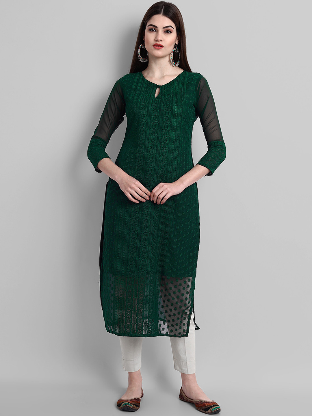 

BLACK SCISSOR Chikankari Embroidered Keyhole Neck Straight Kurta, Green