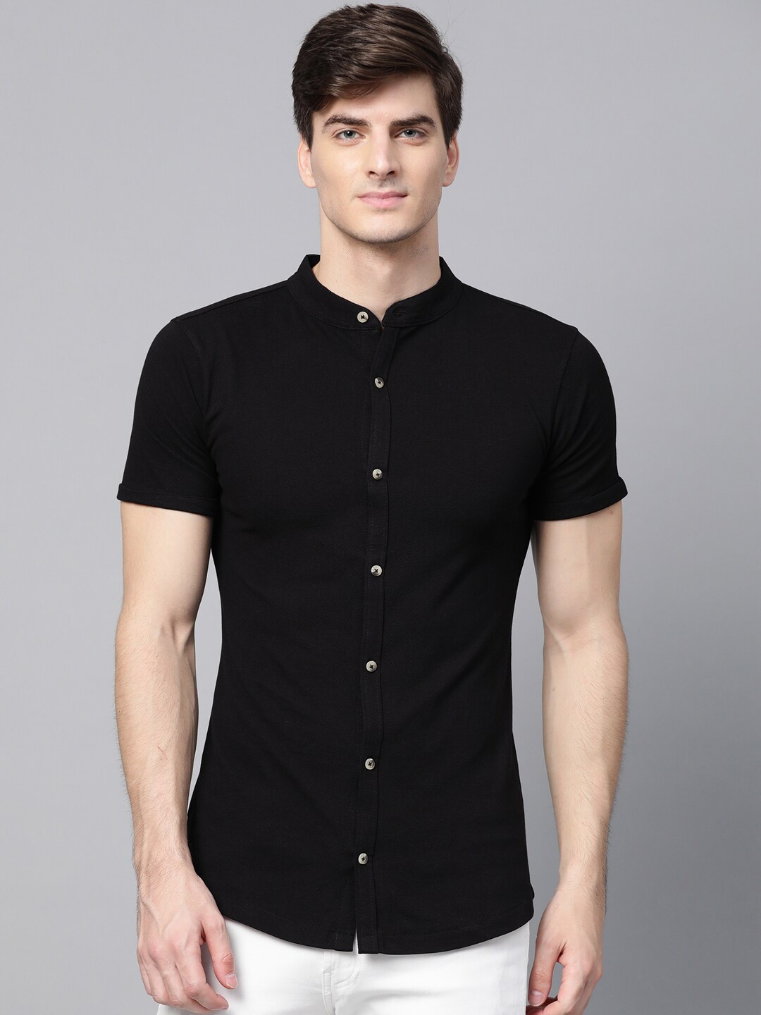 

MANQ India Slim Slim Fit Band Collar Short Sleeves Cotton Shirt, Black