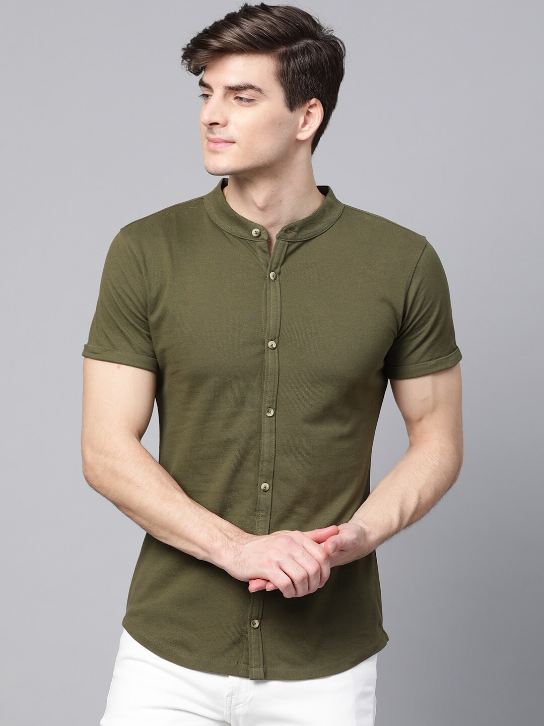 

MANQ India Slim Slim Fit Band Collar Short Sleeves Cotton Shirt, Olive