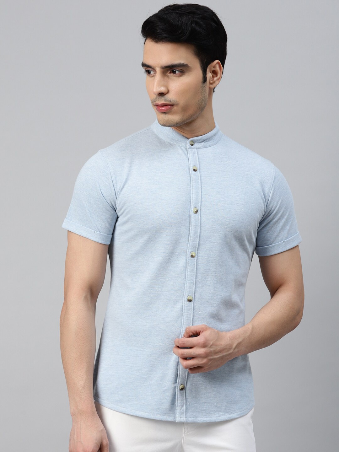 

MANQ India Slim Slim Fit Band Collar Short Sleeves Cotton Shirt, Blue
