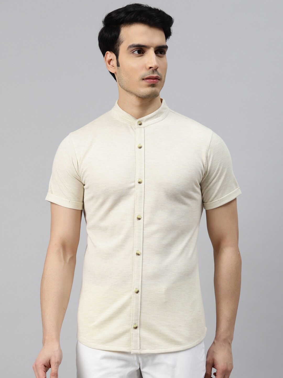 

MANQ India Slim Slim Fit Band Collar Short Sleeves Cotton Shirt, Cream