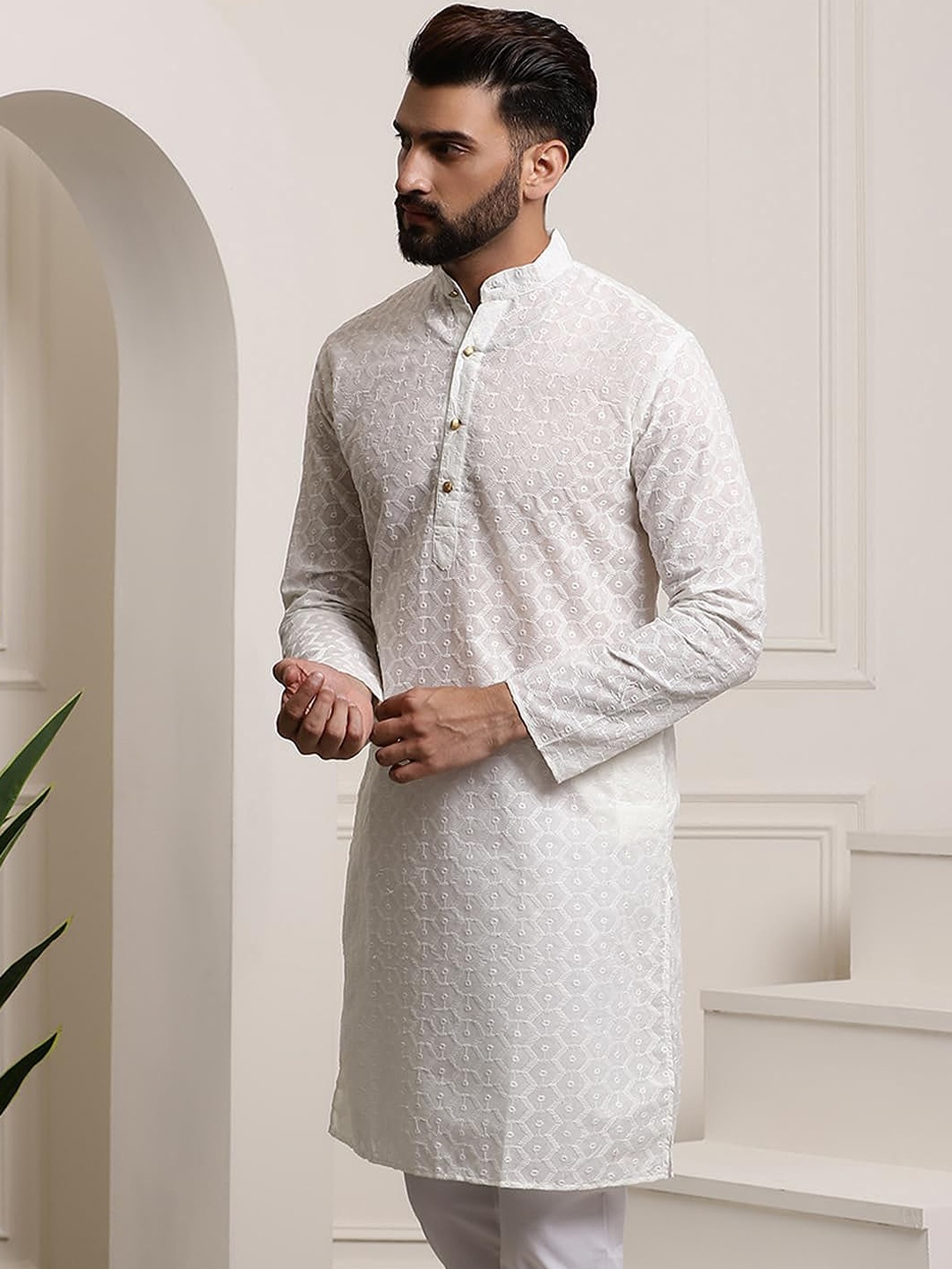

ROYAL KURTA Geometric Embroidered Band Collar Cotton Straight Kurta, Cream