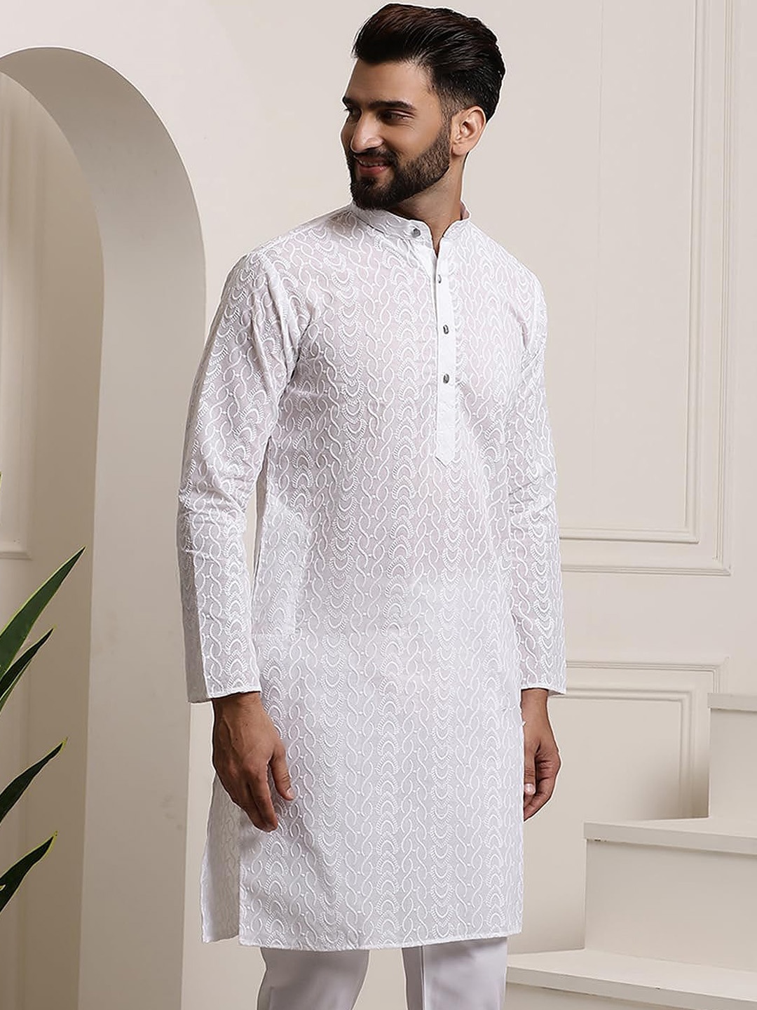 

ROYAL KURTA Ethnic Motifs Embroidered Band Collar Cotton Straight Kurta, White
