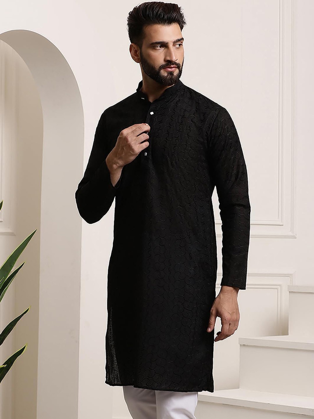 

ROYAL KURTA Ethnic Motifs Embroidered Band Collar Cotton Straight Kurta, Black