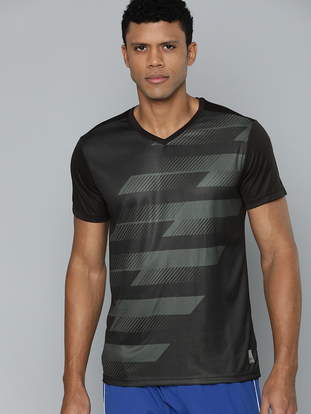 

HRX by Hrithik Roshan Men Striped V-Neck T-shirt, Charcoal