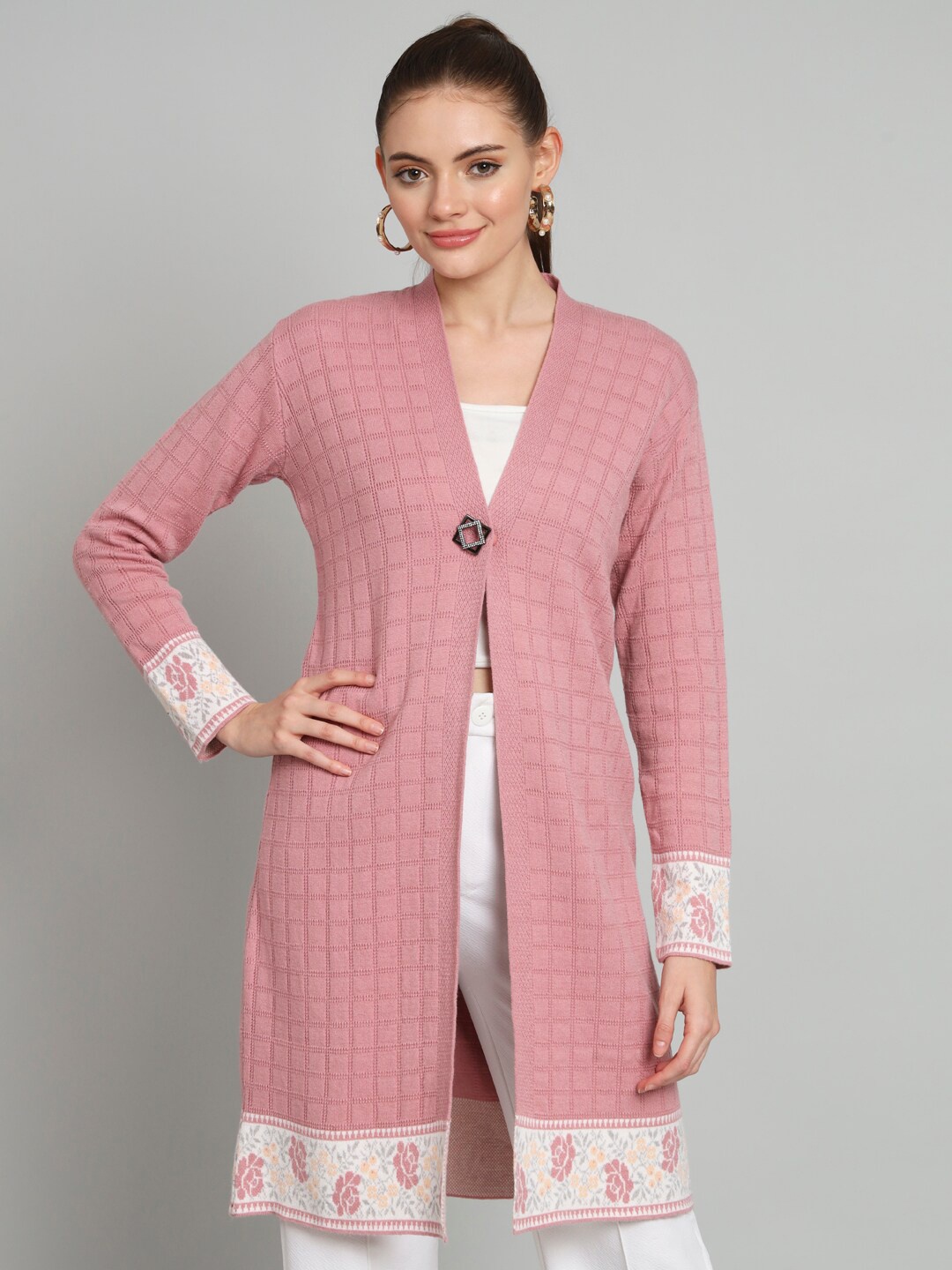 

BROOWL Checked Woollen Button Longline Shrug, Pink