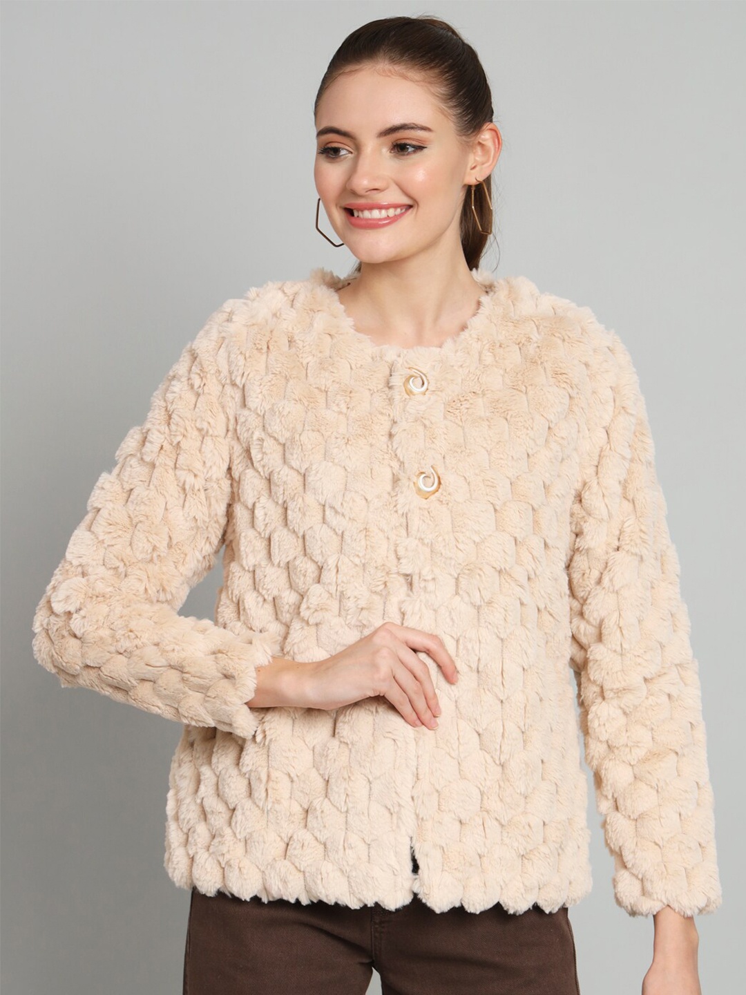 

BROOWL Self Design Open Front Woollen Crop Shrug, Cream