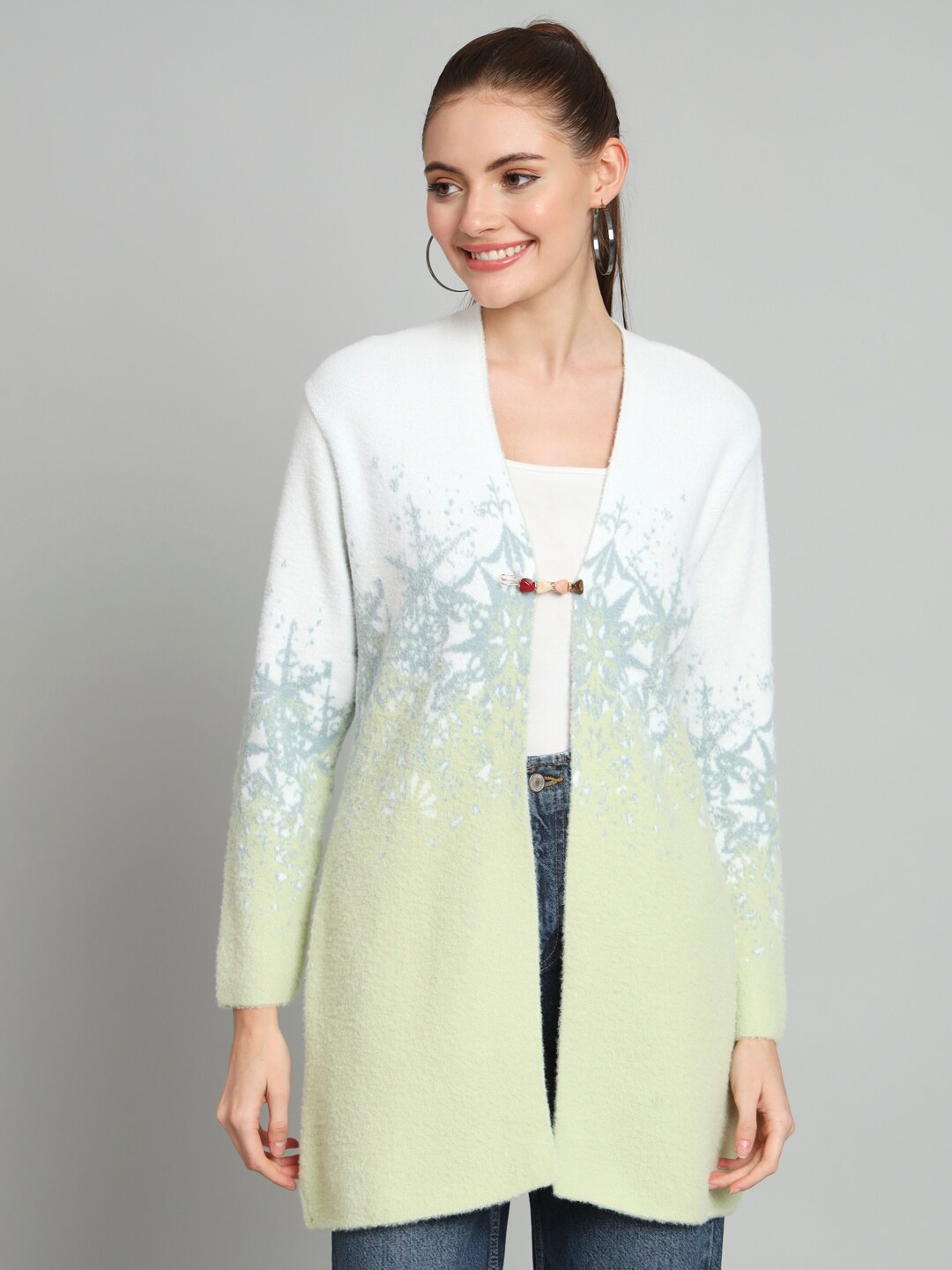 

BROOWL Abstract Self Design Woollen Open Front Longline Shrug, Green