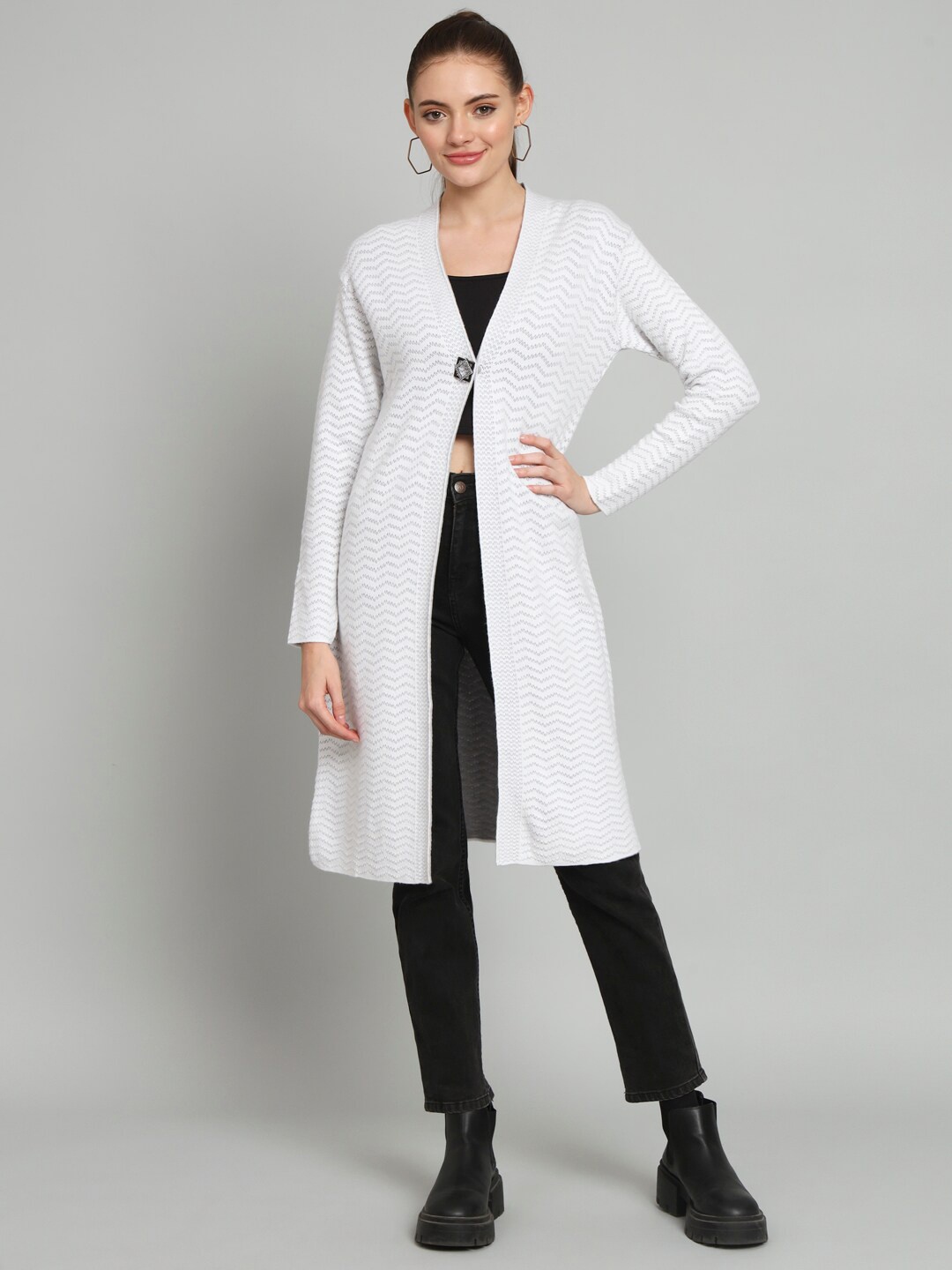 

BROOWL Self Design Woollen Longline Shrug, White