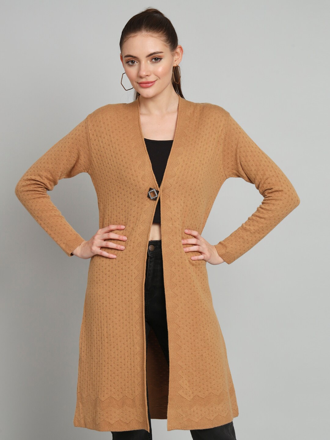 

BROOWL Self Design Woollen Open Front Longline Shrug, Brown