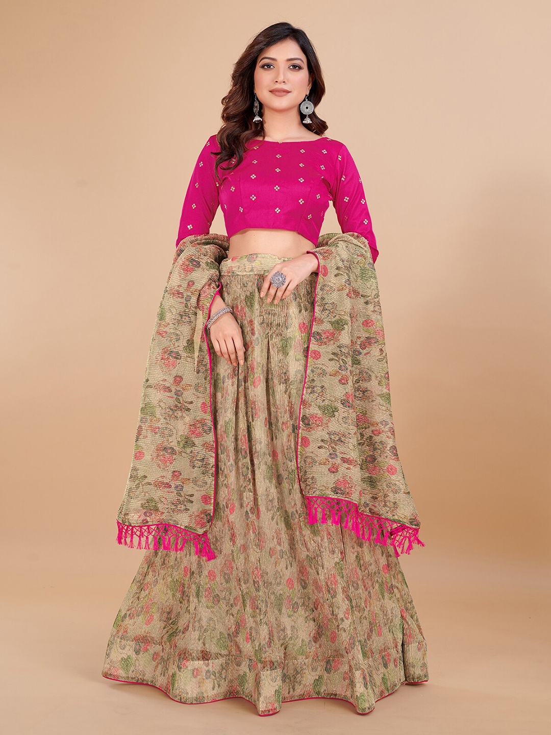 

KALINI Embroidered Sequinned Ready to Wear Lehenga & Unstitched Blouse With Dupatta, Beige