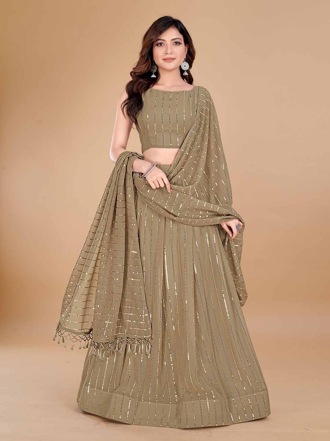 

KALINI Embellished Sequinned Ready to Wear Lehenga & Unstitched Blouse With Dupatta, Beige
