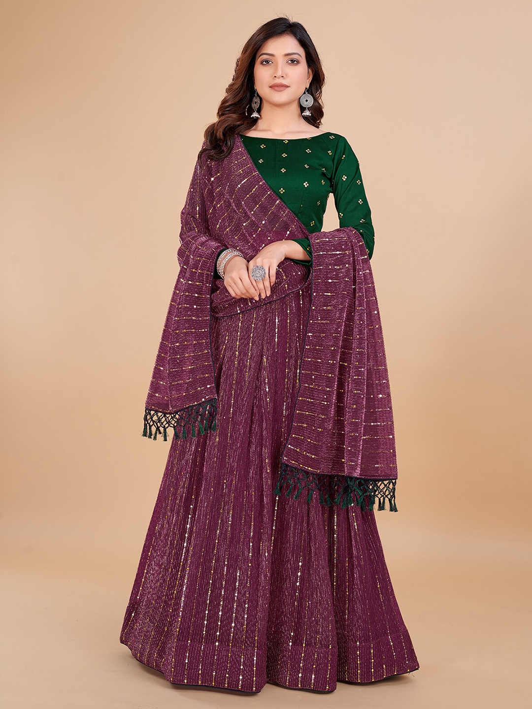 

KALINI Embellished Ready to Wear Lehenga & Unstitched Blouse With Dupatta, Purple